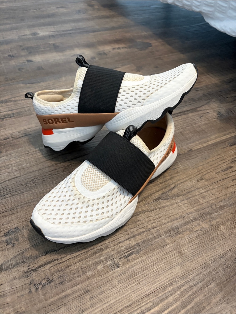 Sorel Women's Slip-On Mesh Trainer in White, Black and Tan